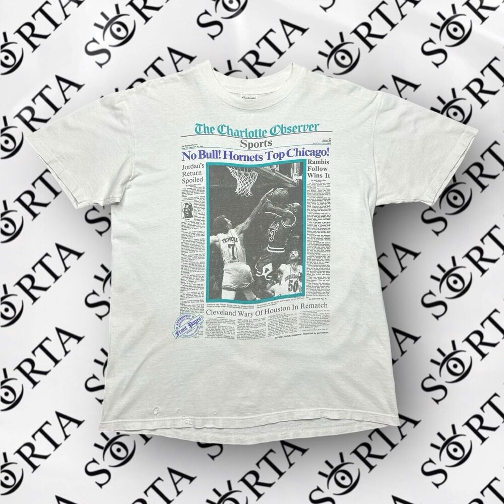 VTG 1988 The Charlotte Observer NBA Hornets Bulls Newspaper Print Shirt (L) RARE
